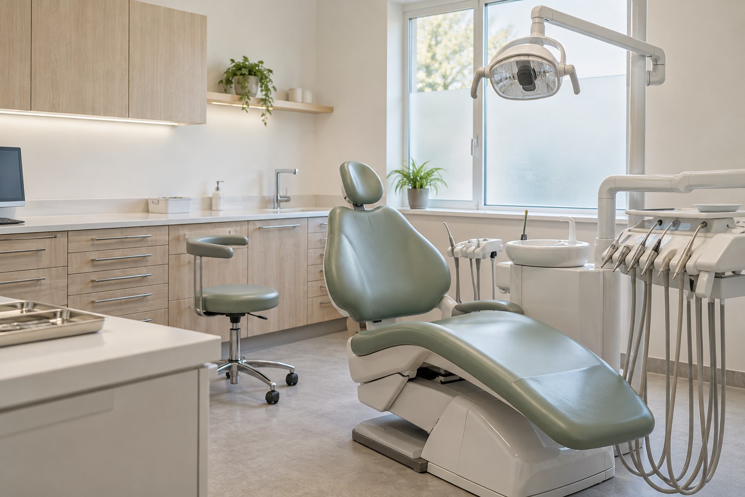 Bright dental treatment room with a sage chair, oak cabinetry and natural daylight