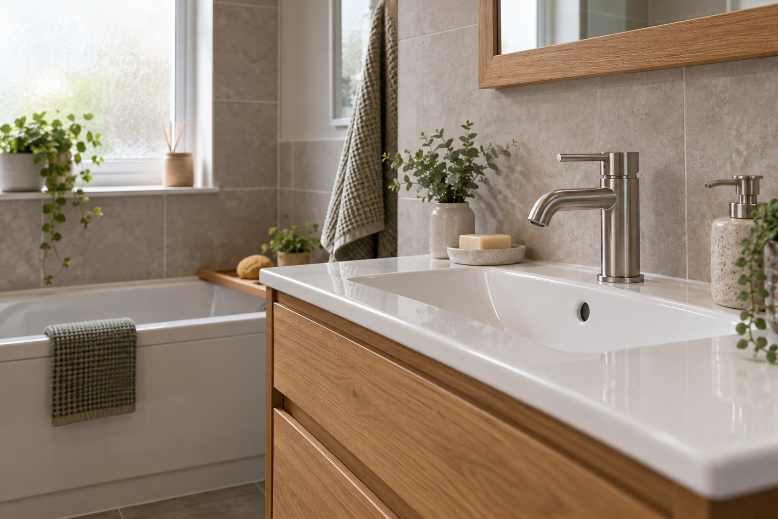 Chrome tap and white basin in a bright bathroom with an oak vanity