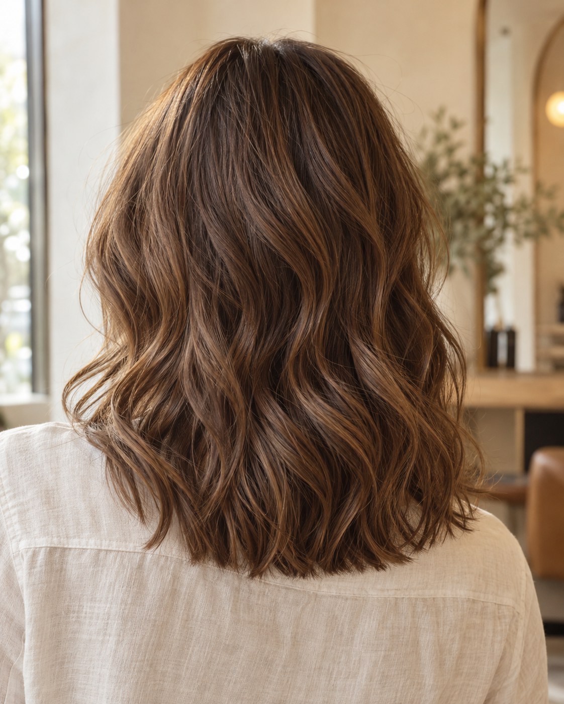 Back view of shoulder-length chestnut hair styled in loose waves