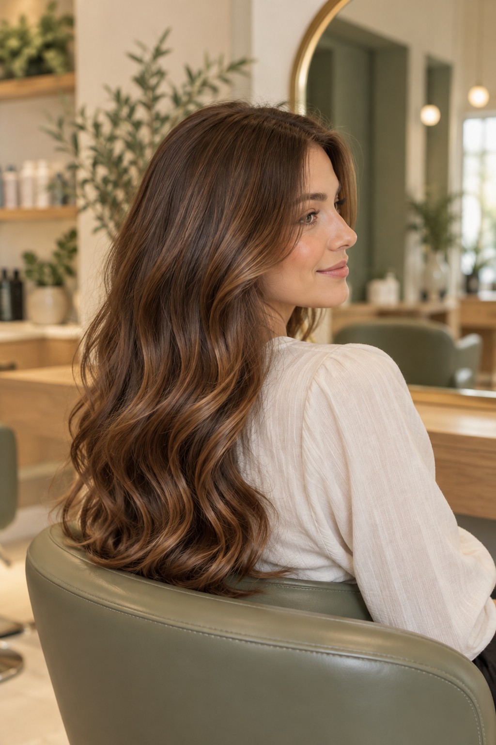 Woman with softly waved chestnut hair in a bright, elegant salon